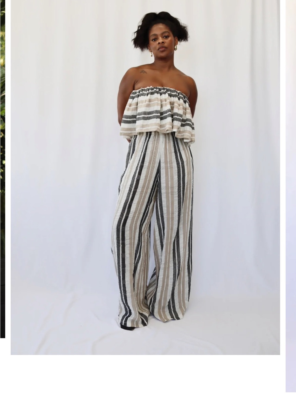 Striped Strapless Wide-Leg Jumpsuit in Cream & Black